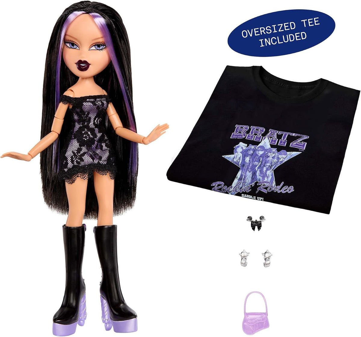 Bratz Boneca Stylin’ Birthdayz – Jade com roupa de festa (camiseta roxa de cetim e botas pretas), camiseta com estampa, embalagem temática de aniversário – Coleção Stylin’ Birthdayz
