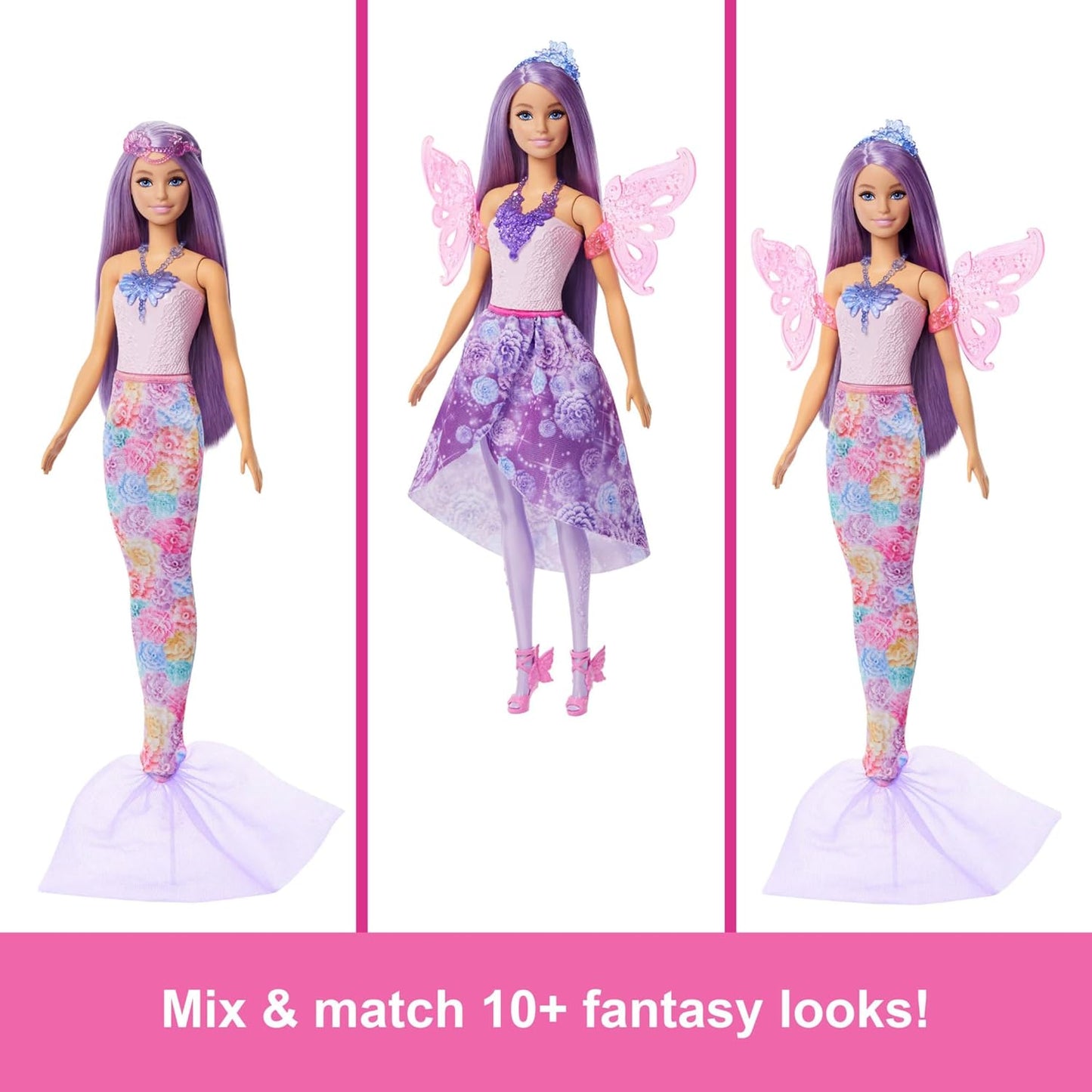 Barbie Boneca com Roupas e Acessórios, Pacote de Moda Fantasia com 8 Acessórios Incluindo Cauda de Sereia, Asas de Fada, Colares Reais, Sapatos e Mais para Mais de 10 Looks, JCP74