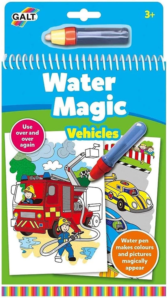 Galt Water Magic, Veículos - Livros de colorir infantis com tema de veículos, sem bagunça, imagens reutilizáveis para crianças colorirem - Revelação mágica de imagens ocultas com caneta d'água - A partir de 3 anos