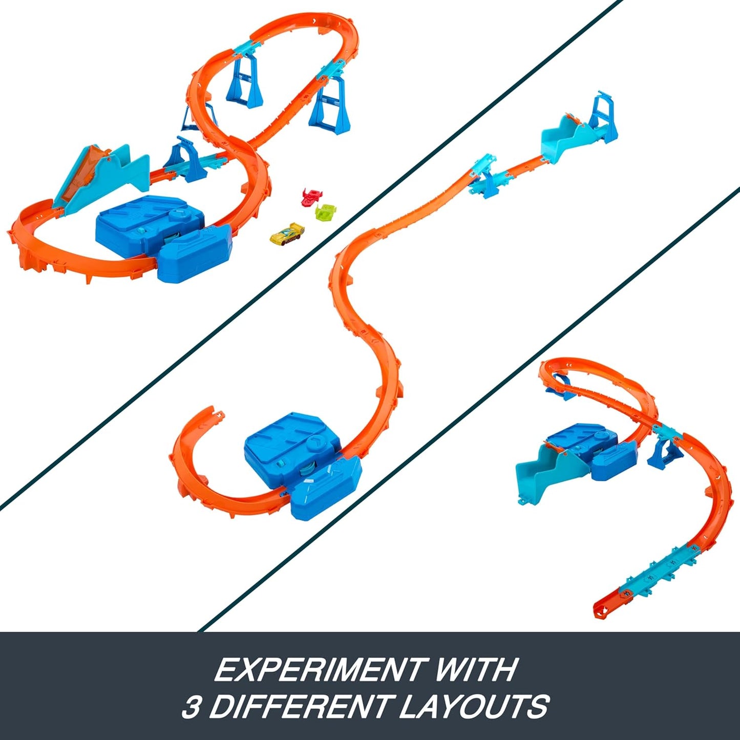 Conjunto de Pista de Carrinhos Hot Wheels, Caixa de Construção Deluxe com Impulsor Motorizado, Veículo em Escala 1:64, Pista Speed Snap, Pista de Salto com Impulso, JDB49