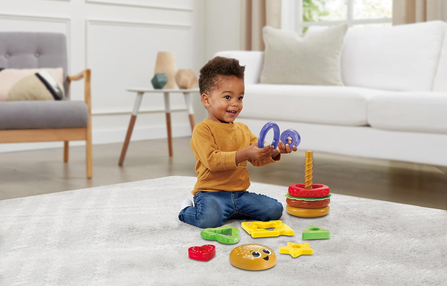 VTech Construye una hamburguesa, apila y clasifica juguete para bebés con 6 piezas de comida, clasifica formas, apila, combina, gira y juega con colores, regalo para bebés de 18, 24 meses en adelante, versión en inglés