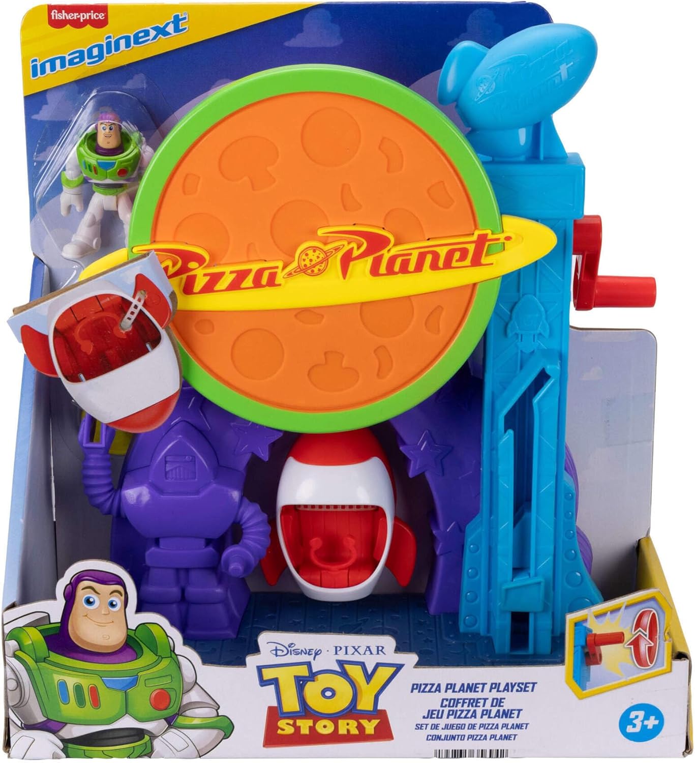 Fisher-Price Imaginext Disney e Pixar Toy Story Pizza Planet Playset com figuras de ação de Buzz Lightyear e seu amigo alienígena de 7,6 cm, foguete de brinquedo e projéteis, JKW20