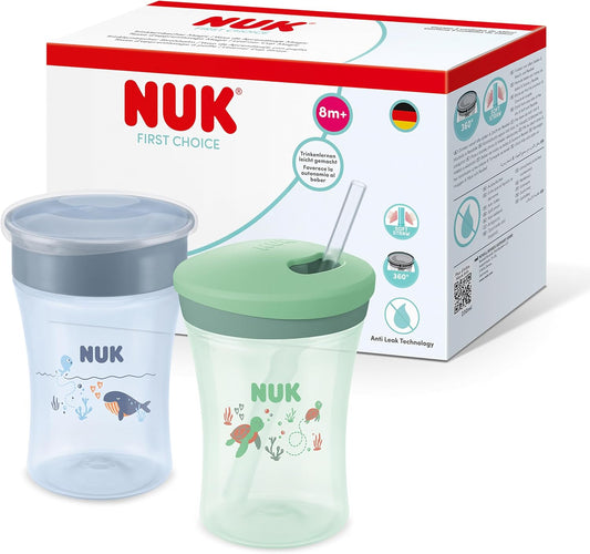 NUK Kit de Aprendizado First Choice | Copo Magic Cup e Copo com Canudo | 230 ml | Copos de Transição | Baleia Azul e Tartaruga Verde | Conjunto com 2