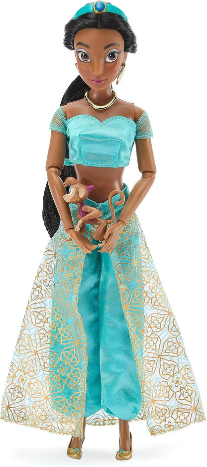 Disney Boneca Clássica Oficial da Princesa Jasmine da Store para Crianças, Aladdin, 30 cm, Brinquedo Totalmente Articulado com Traje Turquesa Icônico e Amigo Surpresa — Indicado para Maiores de 3 Anos