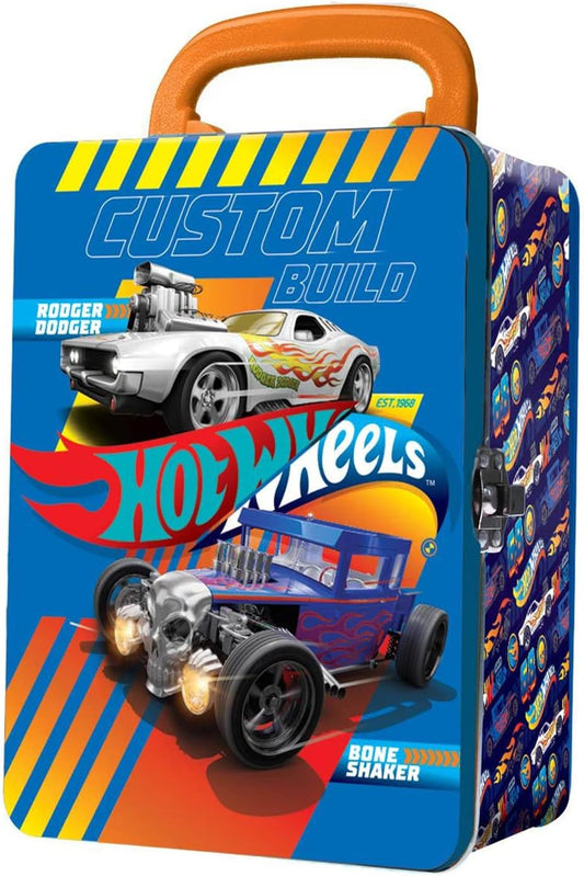 Hot Wheels Carros Estojo de metal para transporte de carros I 18 Armazenamento e organizador de carros de brinquedo I Presente para colecionadores e crianças de 3 anos ou mais I 3D HW Design de tampa azul I (carros não incluídos)
