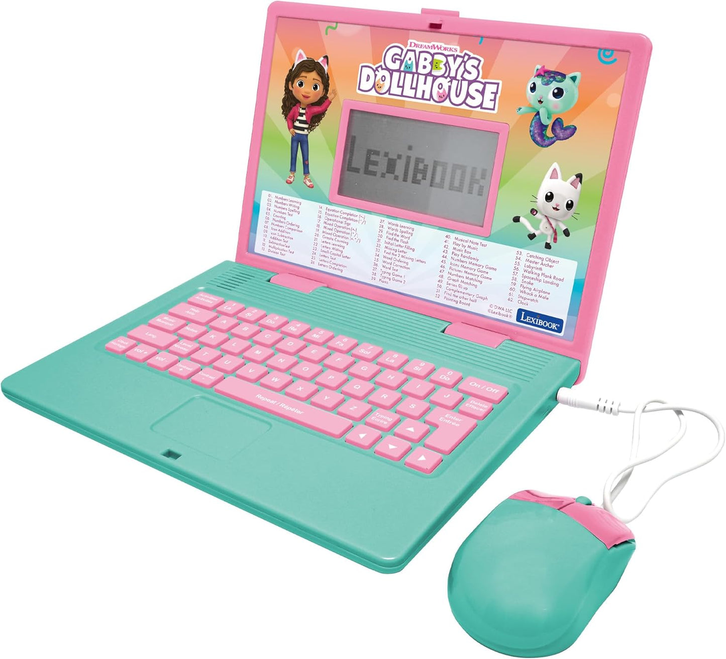 LEXIBOOK, Casa de Bonecas da Gabby, Computador educativo bilíngue INGLÊS/FRANCÊS, Brinquedo para crianças com 124 atividades e jogos de linguagem, escrita, matemática, lógica e música, Rosa/Azul, JC598GDHi1