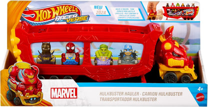 Hot Wheels  RacerVerse Marvel Hulkbuster Hauler, transporte e armazene até 10 veículos de brinquedo, cabine removível com capacete rebatível e figura não removível, HRY02