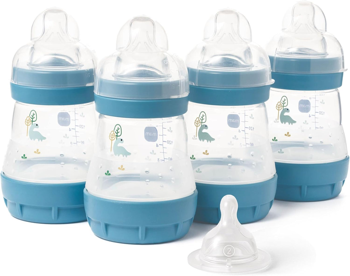 MAM Mamadeiras anticólicas Easy Start | Pacote com 4 (4 x 160 ml) | Mamadeira autoesterilizável | Bicos MAM de fluxo lento tamanho 1 + 1 bico de fluxo médio tamanho 2 | Azul claro (Vários modelos)