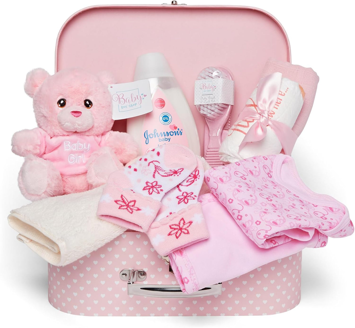 Baby Box Shop - Cesta de presentes para recém-nascidos, ursinho de pelúcia, itens essenciais e caixa de lembranças - presente ideal para chá de bebê e batizado