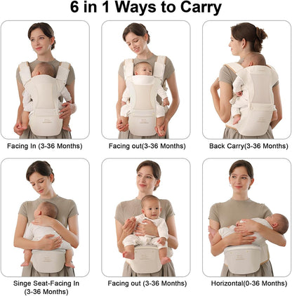 Bebamour Canguru para Bebê, para bebês de 0 a 36 meses, com assento de quadril, capuz para a cabeça, 3 protetores de dentição, extensor de cintura, bolsa de armazenamento e porta-chupeta (Bege)