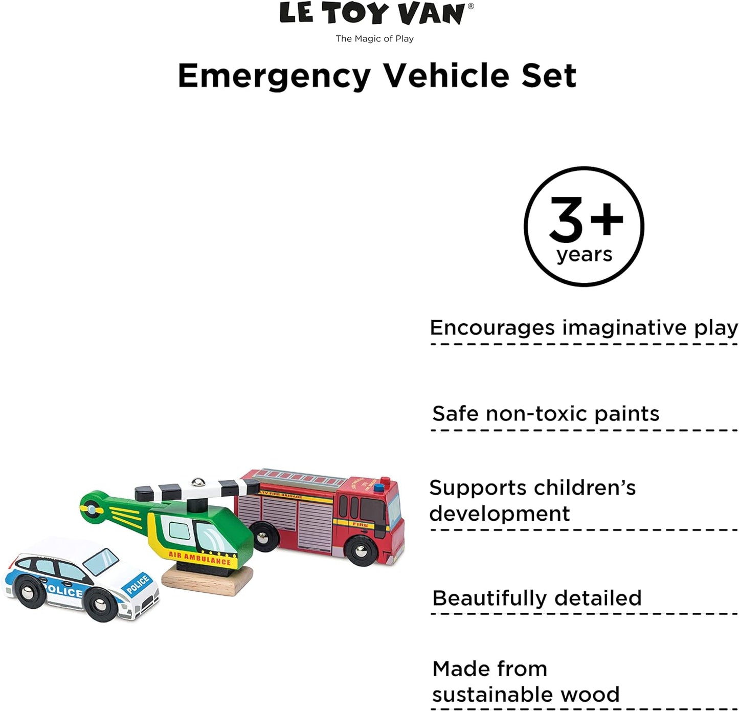 Le Toy Van - Carros e construção Conjunto de veículos de emergência de madeira Conjunto de brinquedos para carros - Conjunto 3 carros | Brinquedos de dramatização para veículos infantis - adequados para crianças de 2 anos +