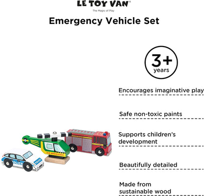 Le Toy Van - Carros e construção Conjunto de veículos de emergência de madeira Conjunto de brinquedos para carros - Conjunto 3 carros | Brinquedos de dramatização para veículos infantis - adequados para crianças de 2 anos +