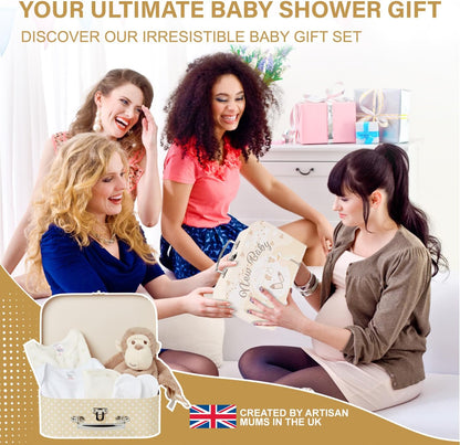 Baby Box Shop - Conjunto de presente para recém-nascidos - Cesta premium com chocalho para cachorro, porta-retratos, tecido de musselina, chá de bebê para recém-nascidos