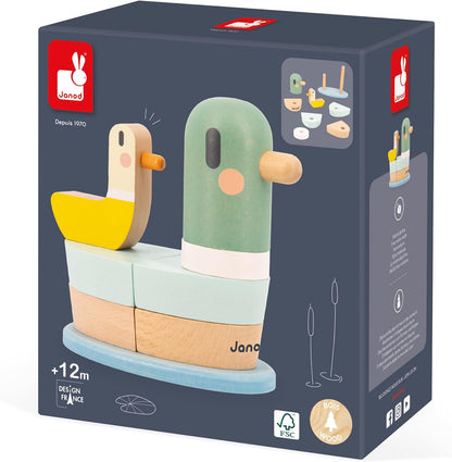 Janod - Pato empilhável Sweet Cocoon - 7 peças empilháveis de madeira FSC - Jogo de aprendizagem precoce - Desenvolve habilidades motoras finas - 12 meses +,