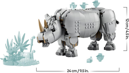LEGO Creator 3 em 1 Animais Selvagens: Rinoceronte Majestoso com Pássaros - Figura de Animal que se Transforma em um Modelo de Hipopótamo ou uma Morsa - Presente Criativo para Meninas e Meninos a partir de 9 Anos - 31171