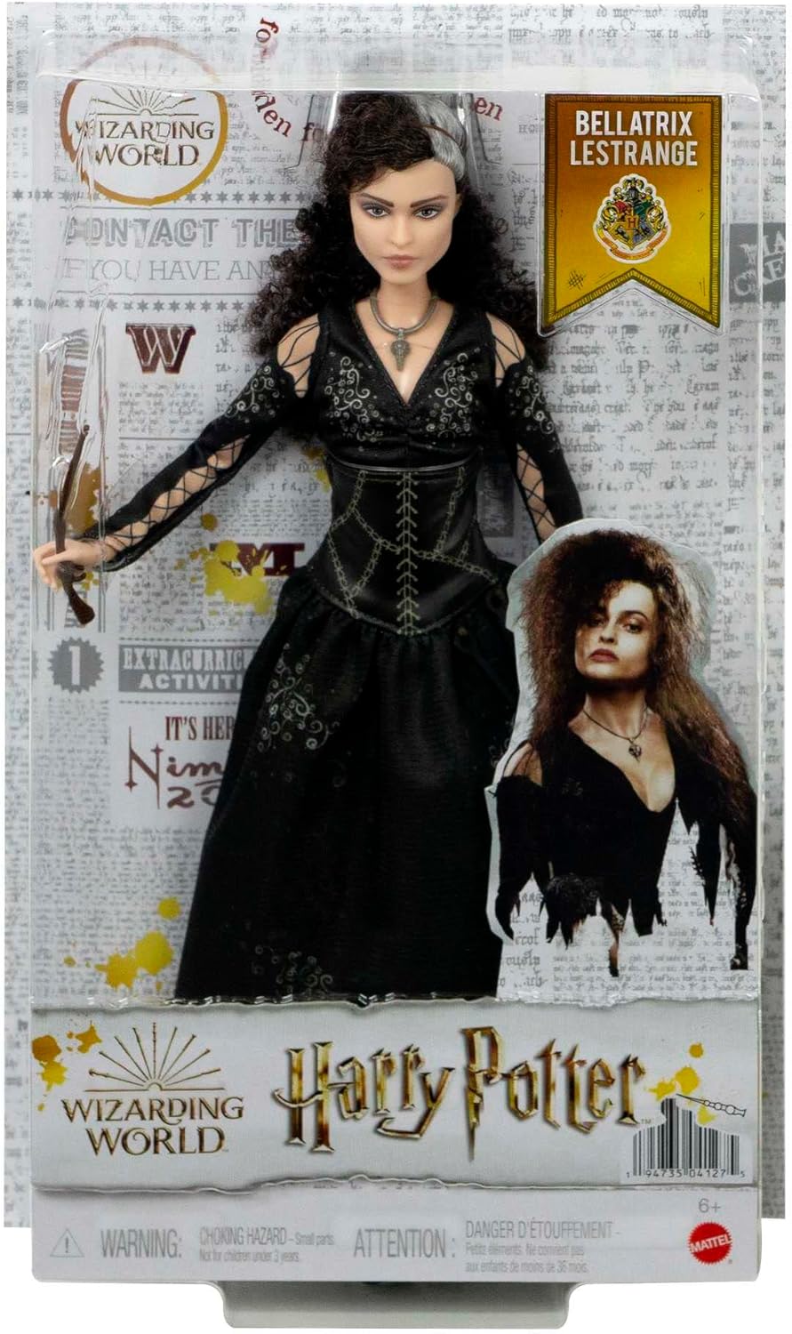 Mattel Boneca colecionável Bellatrix Lestrange da Harry Potter (10 polegadas, cabelo cacheado) usando vestido preto exclusivo e colar, com varinha, presente para crianças de 6 anos ou mais, HFJ70