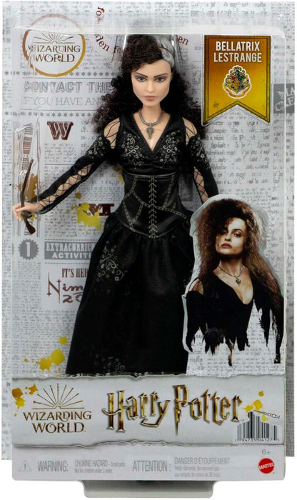 Mattel Boneca colecionável Bellatrix Lestrange da Harry Potter (10 polegadas, cabelo cacheado) usando vestido preto exclusivo e colar, com varinha, presente para crianças de 6 anos ou mais, HFJ70