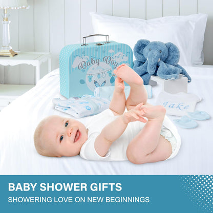 Baby Box Shop - Conjunto de presente para recém-nascidos - Cesta premium com chocalho para cachorro, porta-retratos, tecido de musselina, chá de bebê para recém-nascidos