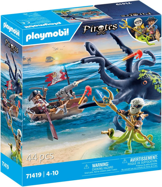 Playmobil 71419 Piratas: Batalla con el Pulpo Gigante, Piratas vs. Deepers, pulpo con función de pulverización de agua y cañón de disparo, juego de rol divertido e imaginativo, juegos adecuados para niños a partir de 4 años