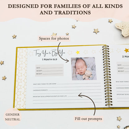 Livro de memórias LOVE ON para bebês com kit de mãos e pés sem tinta grátis - Diário dos primeiros 5 anos para bebês com capa elegante de linho e folha de ouro em relevo - Inclusivo para todos os tipos de família