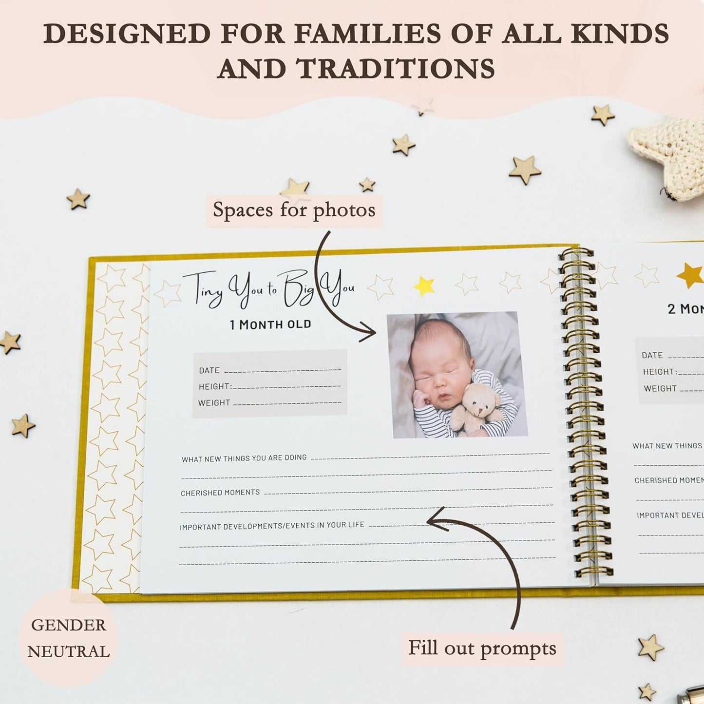 Livro de memórias LOVE ON para bebês com kit de mãos e pés sem tinta grátis - Diário dos primeiros 5 anos para bebês com capa elegante de linho e folha de ouro em relevo - Inclusivo para todos os tipos de família (estrelas)