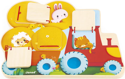 Janod - Quebra-cabeça de esconde-esconde de trator de madeira - 5 portas para abrir - Desenvolve habilidades motoras finas - Brinquedo de desenvolvimento para crianças - A partir de 12 meses - J07128