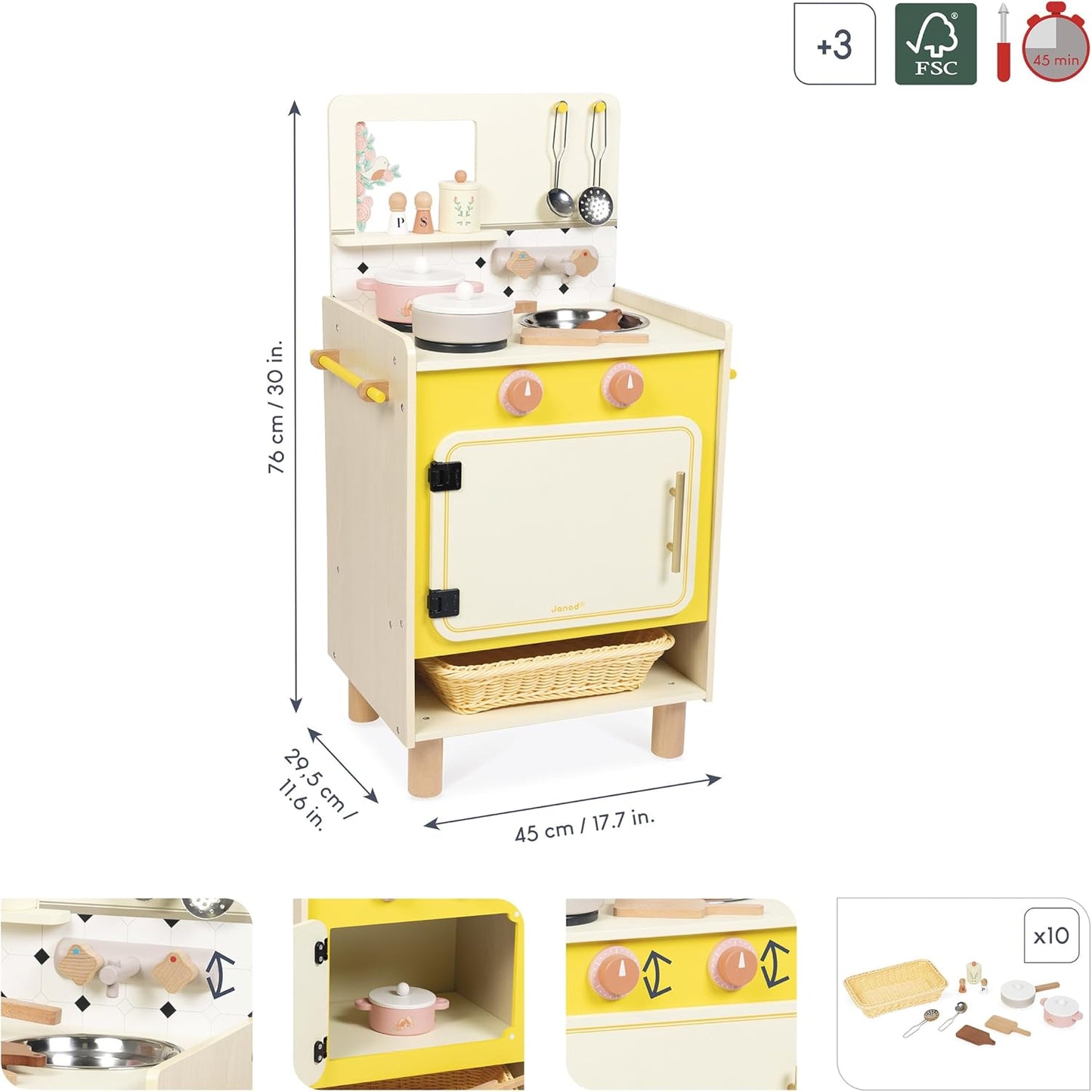 Janod - Cozinha infantil grande de madeira equipada com 2 fornos, Janod - Cozinha infantil de madeira equipada com forno, anod - Kitchenette infantil de madeira - Cozinha de brincar compacta para crianças - Equipada com forno