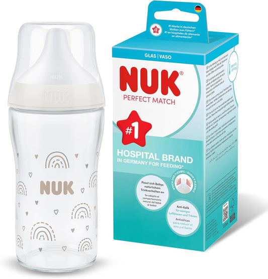 NUK Mamadeira de Vidro Perfect Match | 3+ Meses | 230ml | Anticólica | Indicador de Temperatura | Arco-Íris | 1 unidade