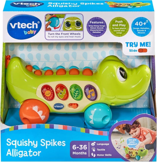 VTech Baby Squishy Spikes Alligator, brinquedo para bebê push along com 4 botões interativos, luzes, sons, cores e músicas, brinquedo sensorial com texturas, presente para bebês de 6, 9, 12, 18 meses +, versão em inglês