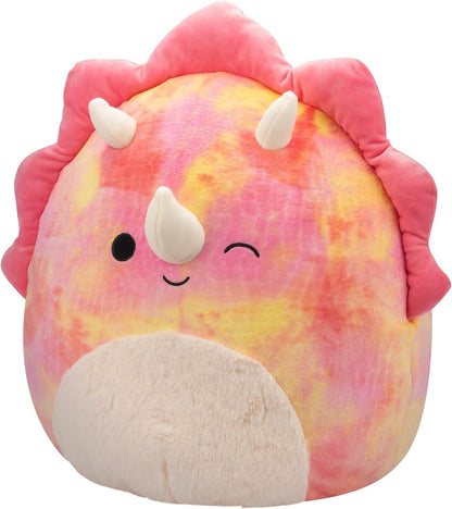 Squishmallows SQCR05478 16 polegadas-Trinity The Winking Pink Tie-Dye Triceratops com barriga difusa, multicolorido