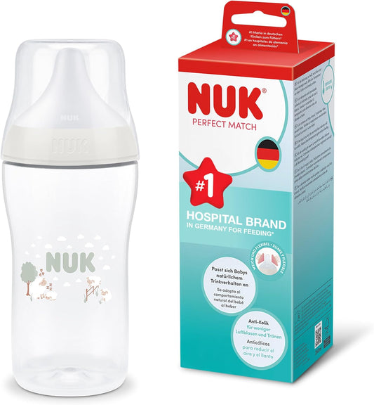 NUK Mamadeira Perfect Match | 3+ meses | 260 ml | Mamadeira anticólica | Polipropileno (PP) | Indicador de controle de temperatura | Ovelha | 1 unidade