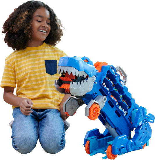 Hot Wheels City Racetrack, Ultimate T-Rex Transporter 2 em 1 com luzes e sons, armazenamento de brinquedos para 20 carros, inclui 2 carros de brinquedo, brinquedos para maiores de 4 anos, um pacote, HNG50