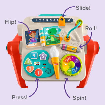 Brinquedo Fisher-Price para Bebês e Crianças Pequenas: Mesa de Atividades e Cavalete de Arte 4 em 1 com Música Educativa para Crianças a partir de 6 Meses, Versão Multilíngue, JGW87