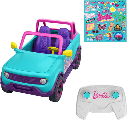 Hot Wheels Barbie RC SUV e adesivos, pode conter e armazenar 2 bonecas Barbie e acessórios, adesivos aplicados por crianças para personalização, HTP53