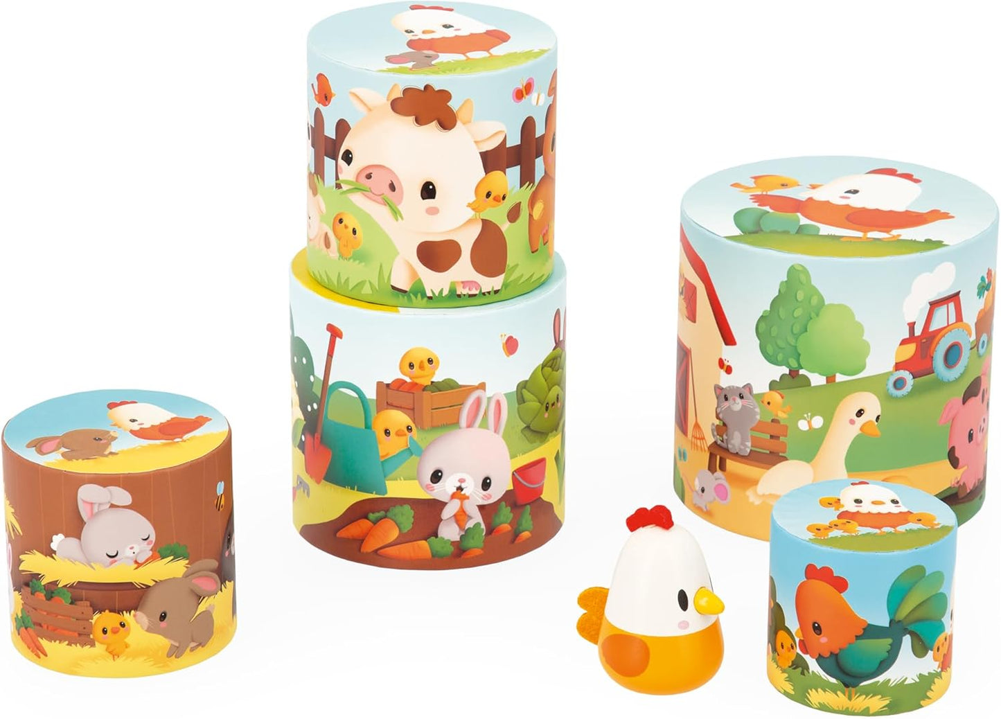 Janod - Minha Primeira Pirâmide - Animais de Fazenda - Brinquedo de Aprendizagem Precoce - 5 Cubos de Empilhamento + 1 Galinha de Madeira - Desenvolve Destreza e Imaginação - 12 Meses +,