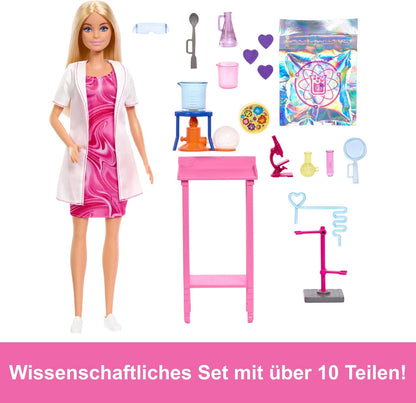 Barbie Boneca Cientista e Acessórios com Boneca Loira Fashion, Mesa de Laboratório, Microscópio, Copo que Muda de Cor e Acessórios para Placa de Petri, JCR70