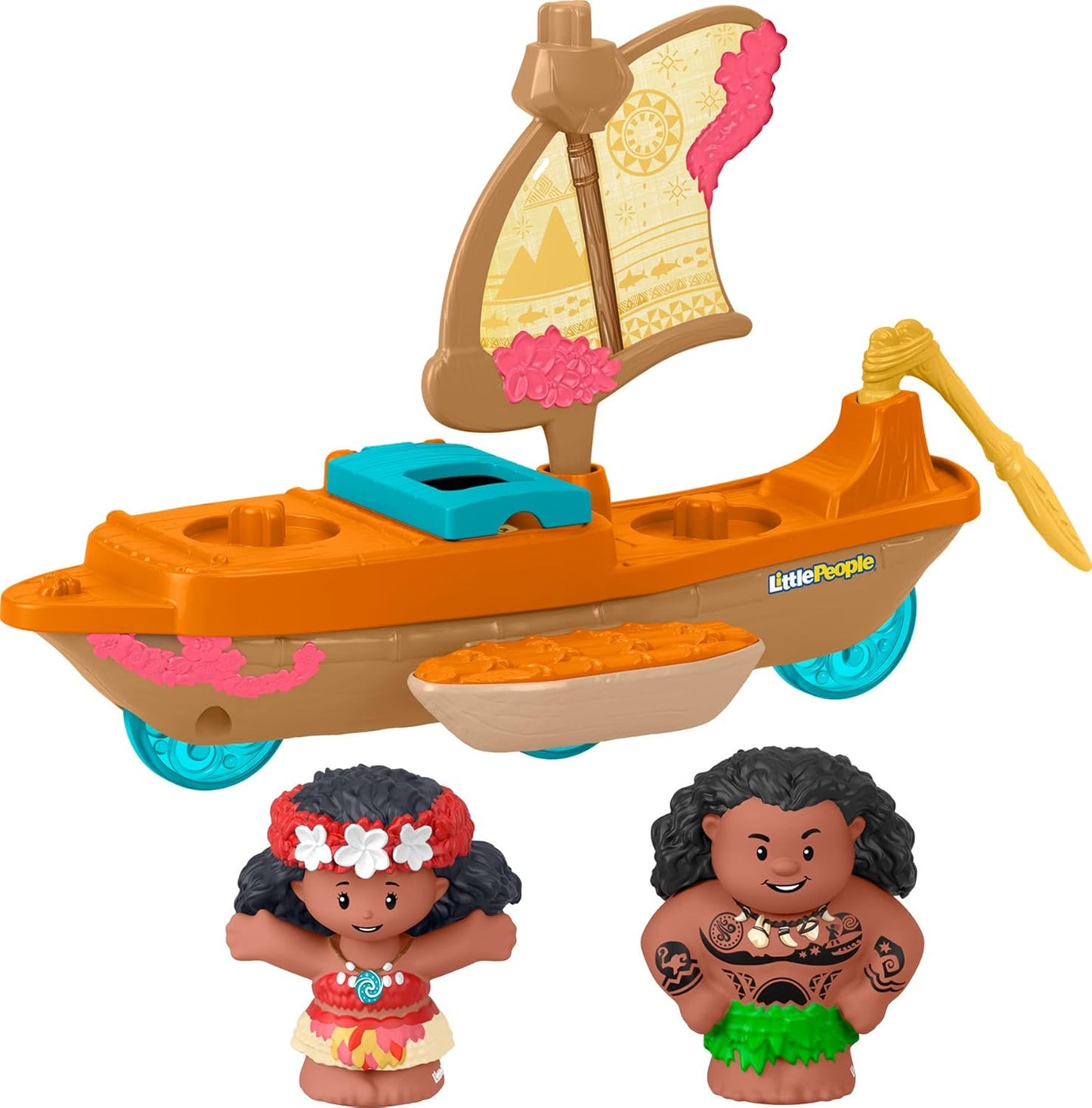Brinquedo Fisher-Price Little People para crianças pequenas: Canoa à Vela da Princesa Moana e do Maui da Disney com figuras para brincar de faz de conta. Idade recomendada: 18+ meses. HNR27