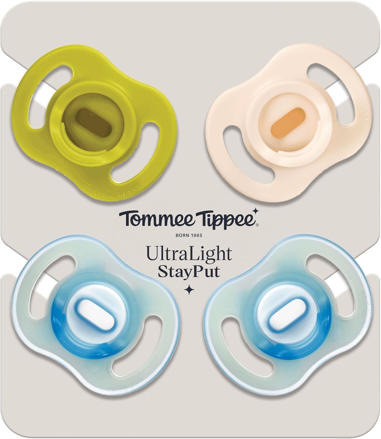 Tommee Tippee Chupetas Ultra-Light StayPut para Dia e Noite, 6-18 meses, Pacote com 4, Chupeta de Silicone de Peça Única, Sensação Macia na Pele