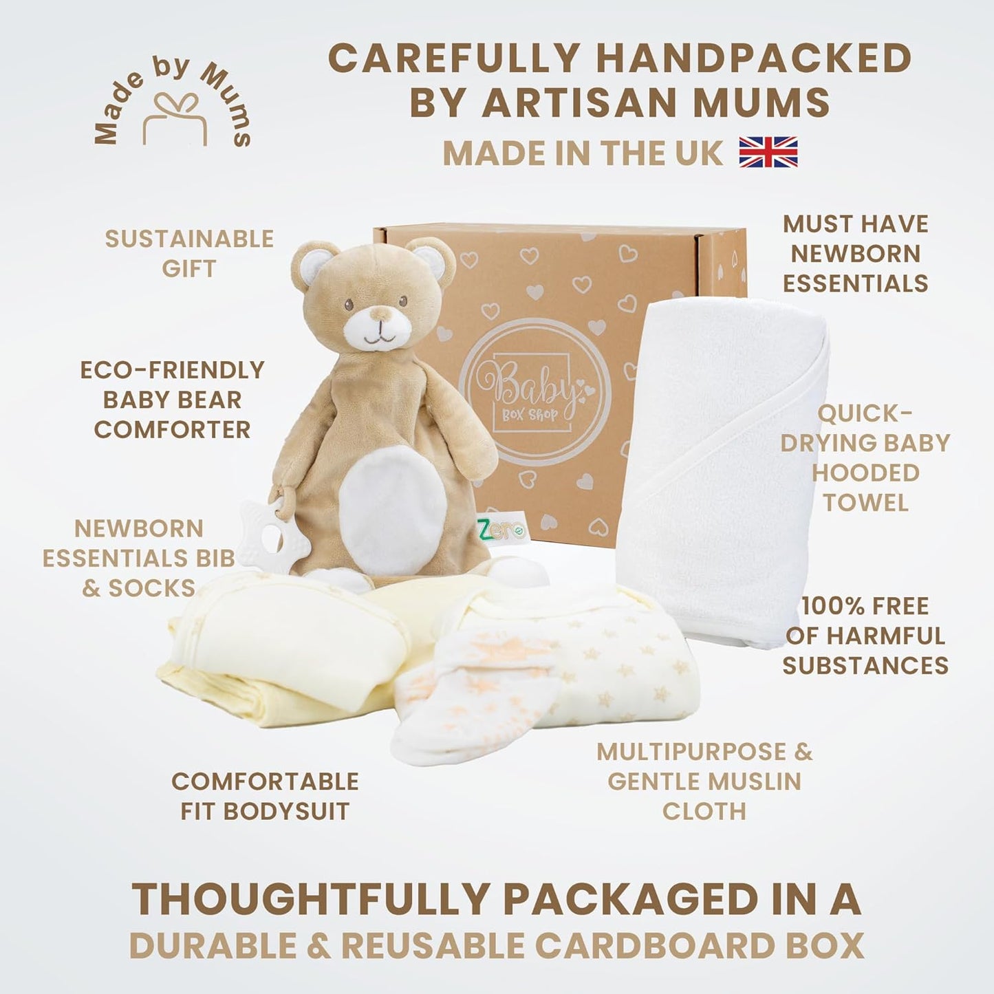 Baby Box Shop - Toalha com capuz personalizada para bebê e cobertor de urso personalizado para bebê, itens essenciais para recém-nascidos, Baby Box Shop - 6 itens essenciais para recém-nascidos unissex