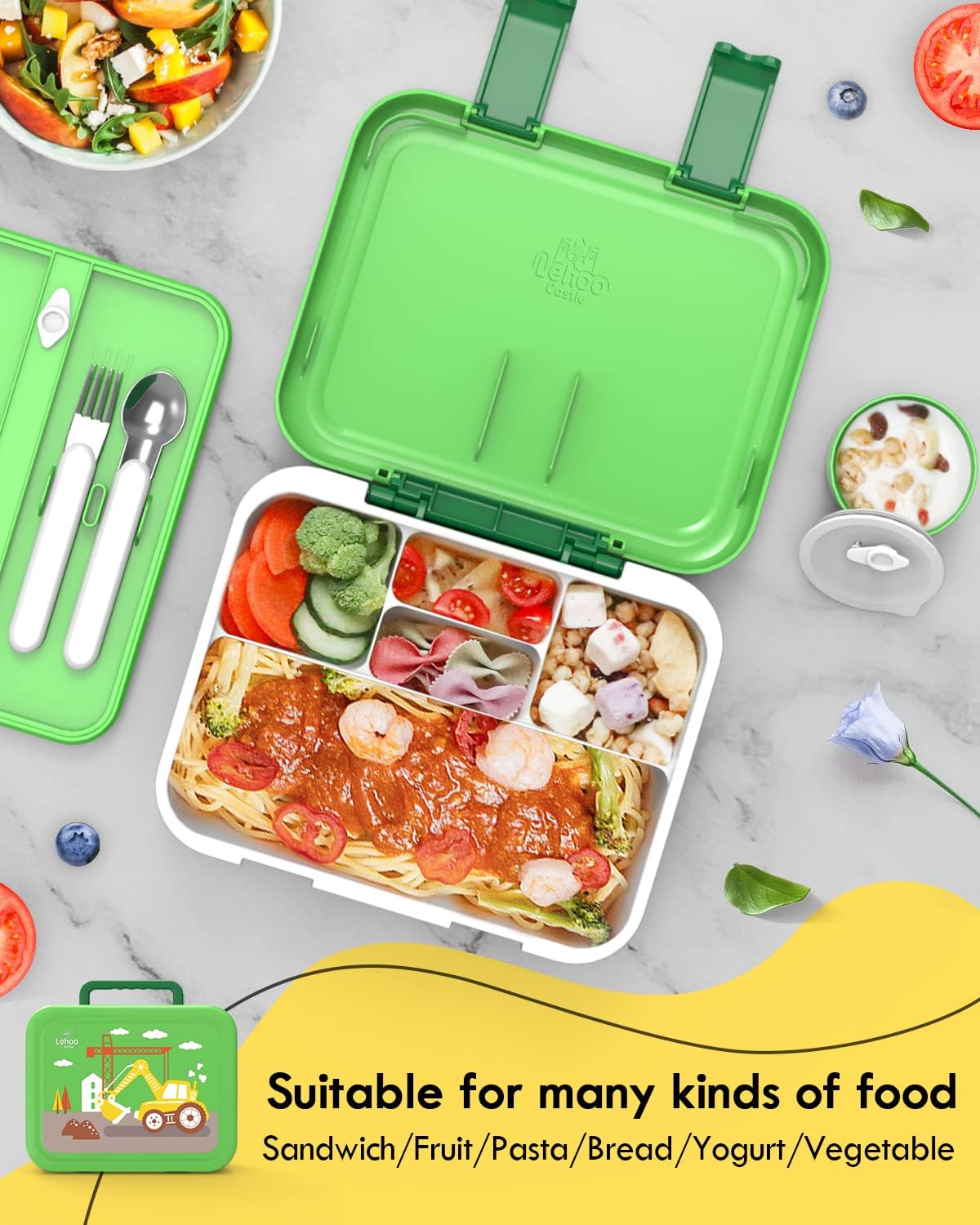 Lehoo Castle Lancheira infantil Bento, lancheira com 5 compartimentos, recipientes de almoço de 1,25L com pote de molho, colher e garfo para meninos e meninas, escola, à prova de vazamentos, sem BPA (dinossauro)