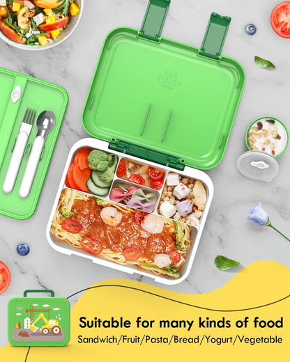 Lehoo Castle Lancheira infantil Bento, lancheira com 5 compartimentos, recipientes de almoço de 1,25L com pote de molho, colher e garfo para meninos e meninas, escola, à prova de vazamentos, sem BPA (dinossauro)