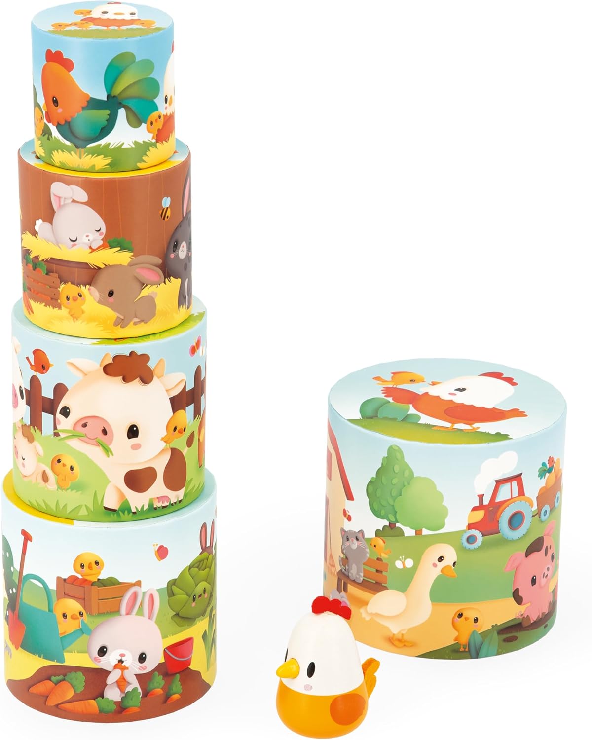 Janod - Minha Primeira Pirâmide - Animais de Fazenda - Brinquedo de Aprendizagem Precoce - 5 Cubos de Empilhamento + 1 Galinha de Madeira - Desenvolve Destreza e Imaginação - 12 Meses +,