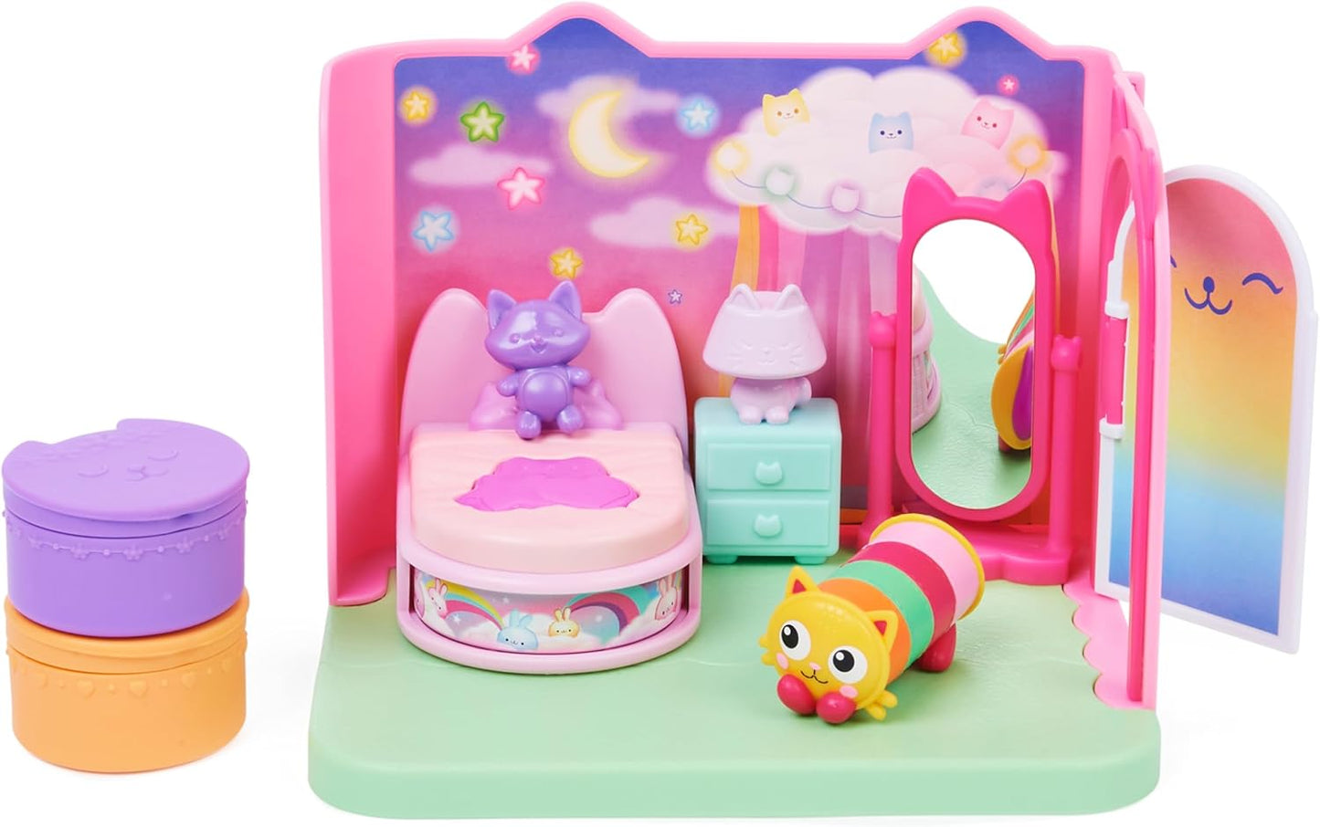Casa de bonecas da Gabby, quarto "Doces Sonhos" com travesseiro em forma de gato e 3 acessórios, 3 móveis e 2 entregas. Brinquedo infantil para crianças a partir de 3 anos.