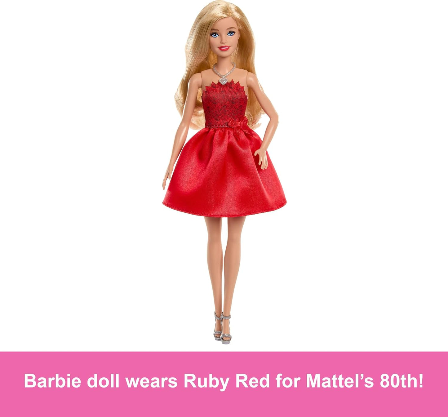 Barbie Mattel 80º Aniversário, Vermelha Rubi, Boneca Fashion Loira, Vestindo Vestido Vermelho com Sapatos e Colar Prateados, Brinquedo Colecionável, JGD25