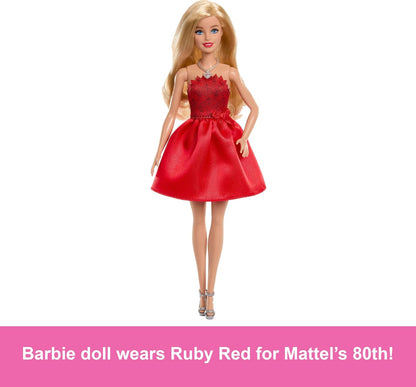 Barbie Mattel 80º Aniversário, Vermelha Rubi, Boneca Fashion Loira, Vestindo Vestido Vermelho com Sapatos e Colar Prateados, Brinquedo Colecionável, JGD25