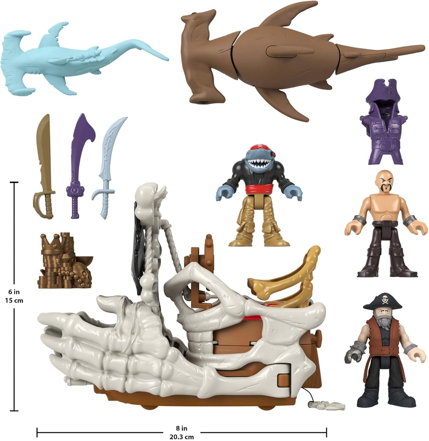 Fisher-Price Conjunto de brinquedo Imaginext Billy Bones Pirata com 3 figuras de ação, barco de brinquedo com mãos de esqueleto e lançador, 7 acessórios, JLC51