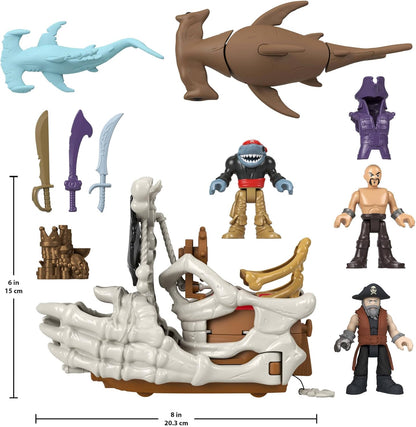 Fisher-Price Conjunto de brinquedo Imaginext Billy Bones Pirata com 3 figuras de ação, barco de brinquedo com mãos de esqueleto e lançador, 7 acessórios, JLC51