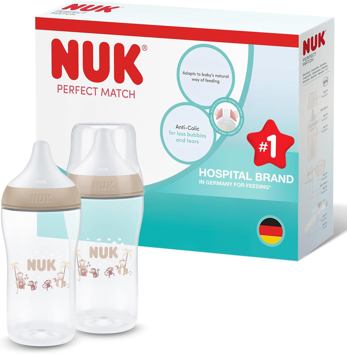NUK Mamadeira Perfect Match | 3+ meses | 260 ml | Mamadeira anticólica | Polipropileno (PP) | Indicador de controle de temperatura | Macaco | Kit com 2 unidades