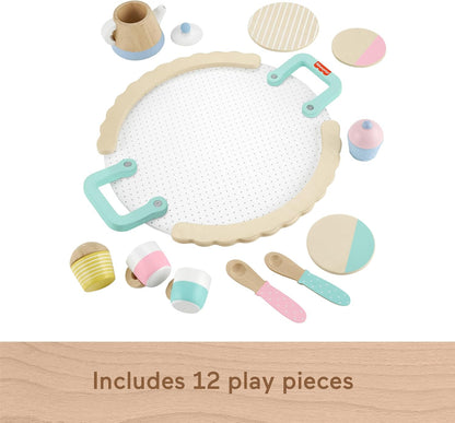 Fisher-Price Juego de té de madera de juguete preescolar con tetera, tazas y platillos, 12 piezas de madera para juegos de simulación para niños a partir de 3 años