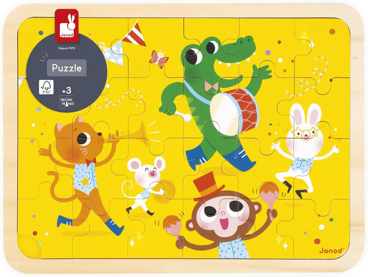 Janod - Quebra-cabeça de Madeira 24 Peças Infantil a partir de 4 anos - Modelo incluso + Jogo dos 5 Erros no Tabuleiro - Desenvolve Concentração e Observação - Produto FSC - J07125, Amarelo